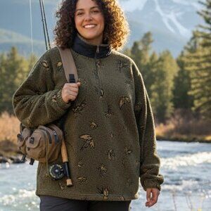 Columbia Fleece Pullover | Fly Fishing Vtg Pattern Buggy Fleece | Quarter-Zip XL